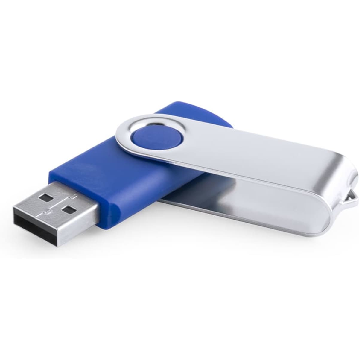 A blue and silver 16GB USB drive with a swivel cover and a logo on the side.