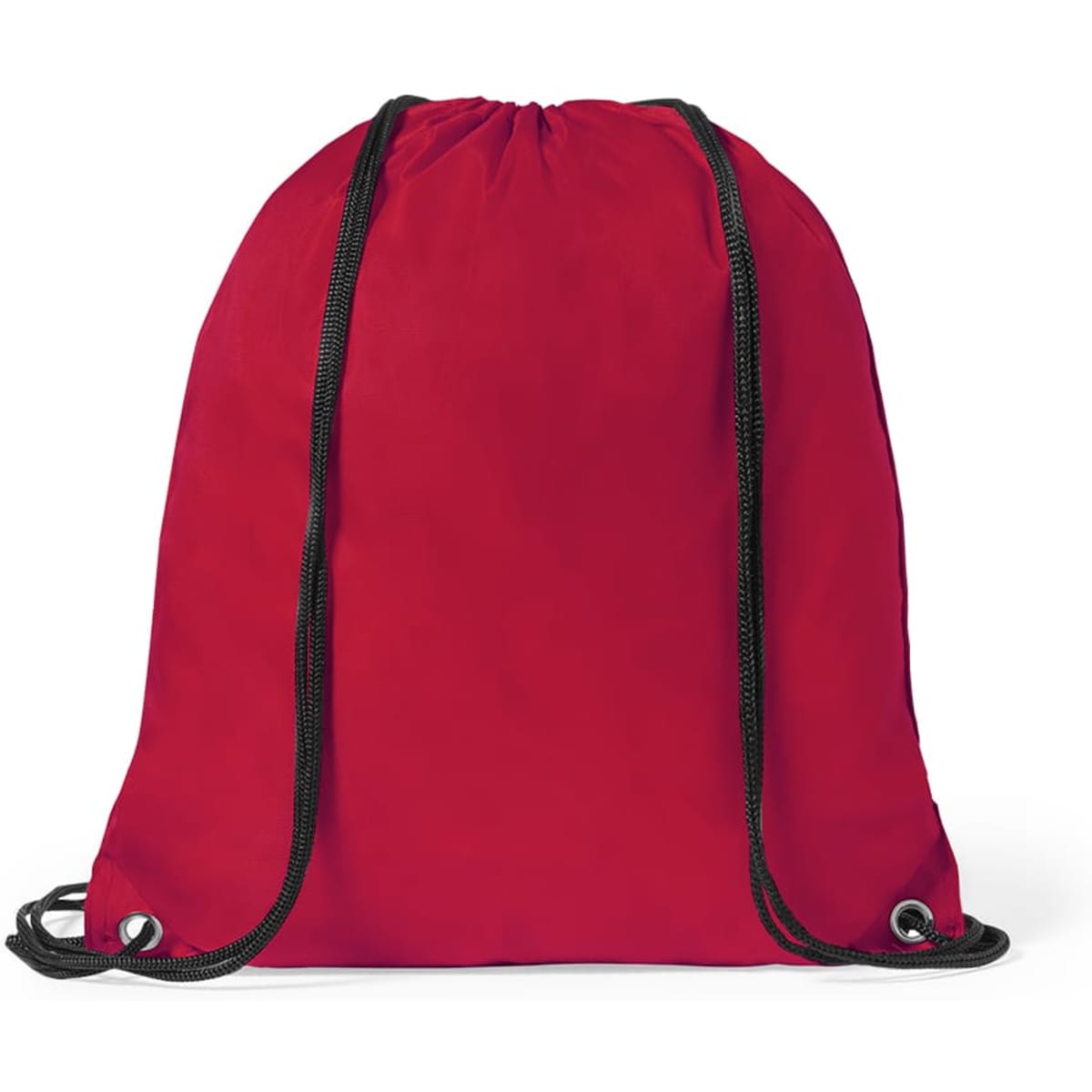 A red drawstring bag with black cords and eyelets, featuring a logo.