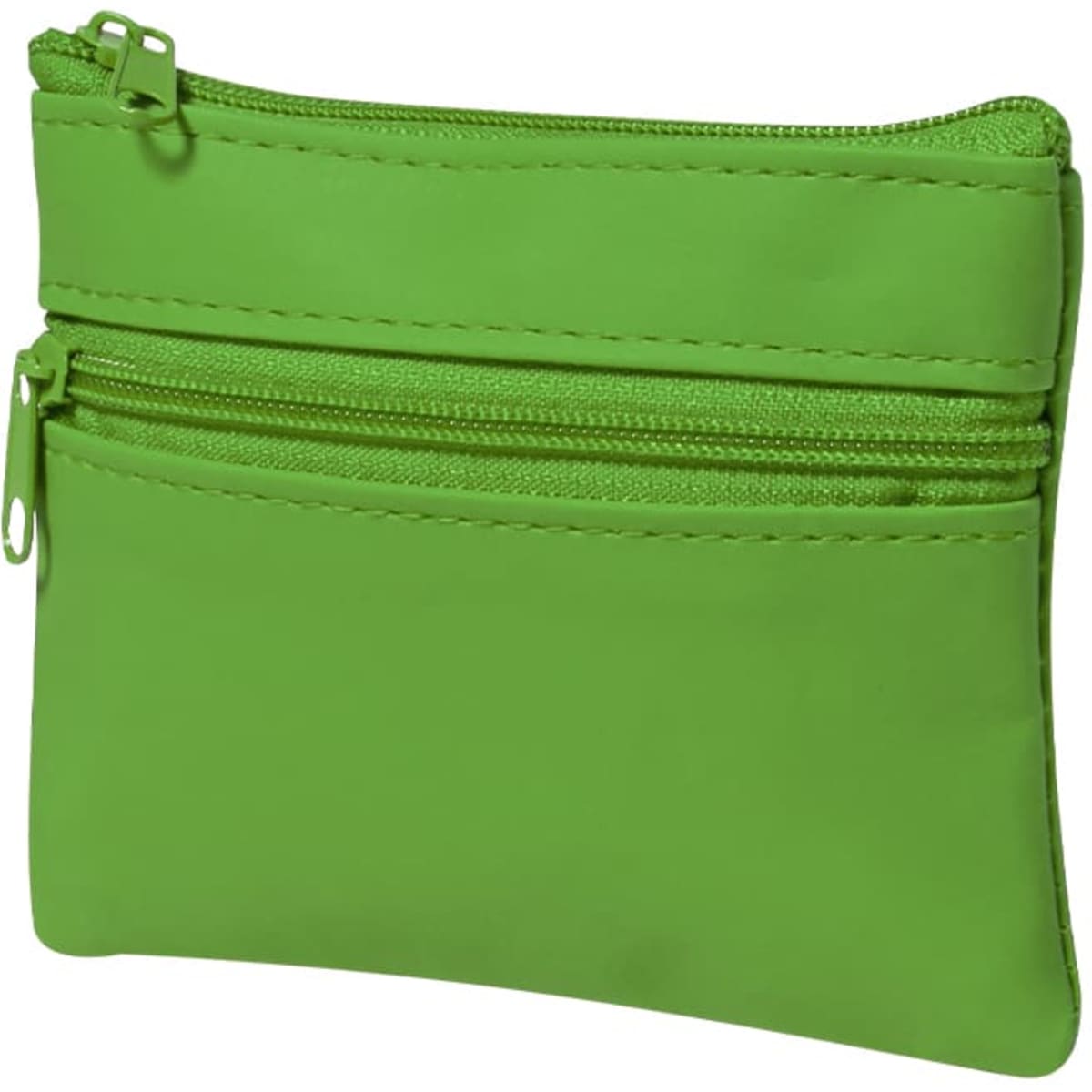 A bright green wallet featuring two zippered compartments, made from a smooth material. It has a simple design and a logo.