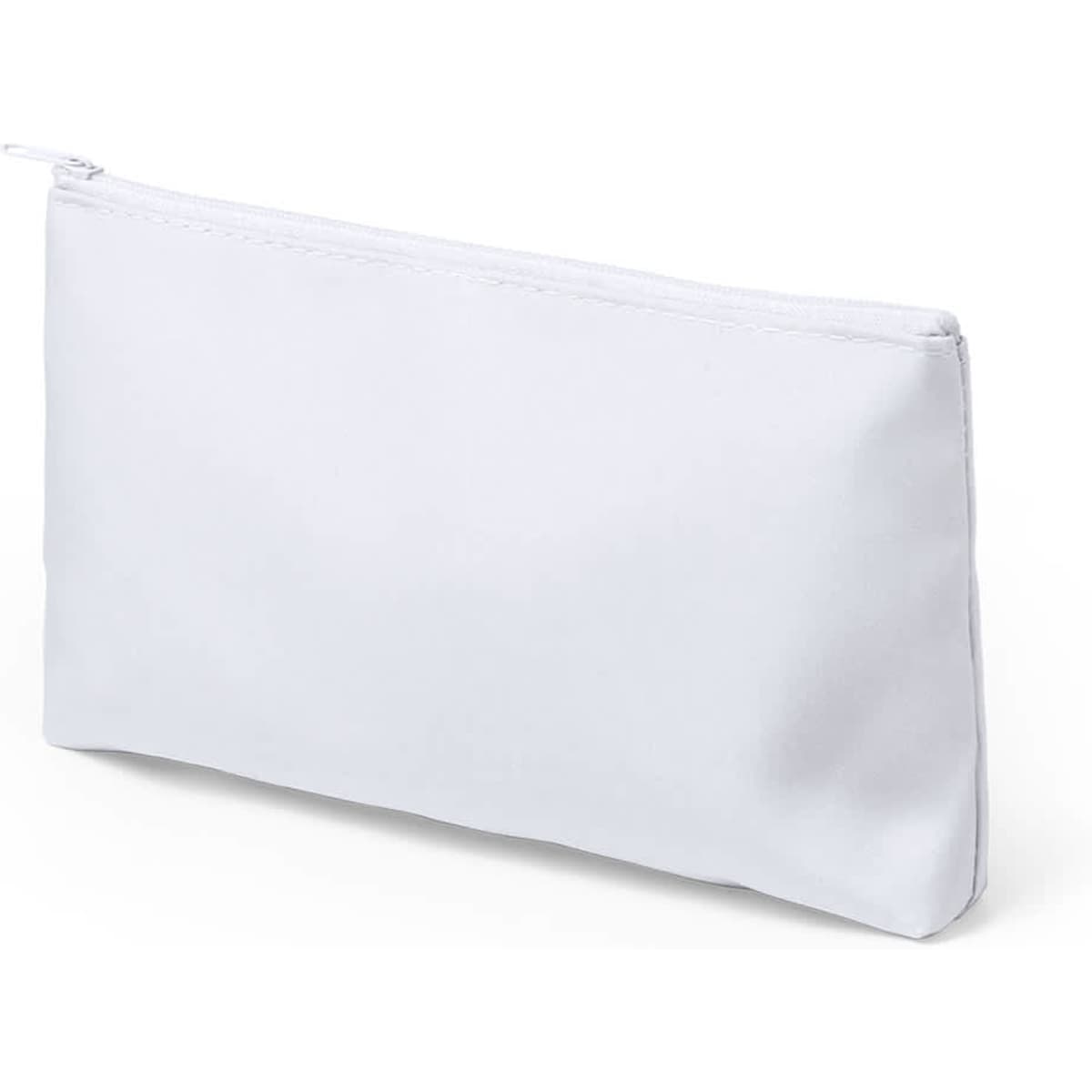 A white toiletry bag with a zip closure, featuring a simple design and no visible branding.