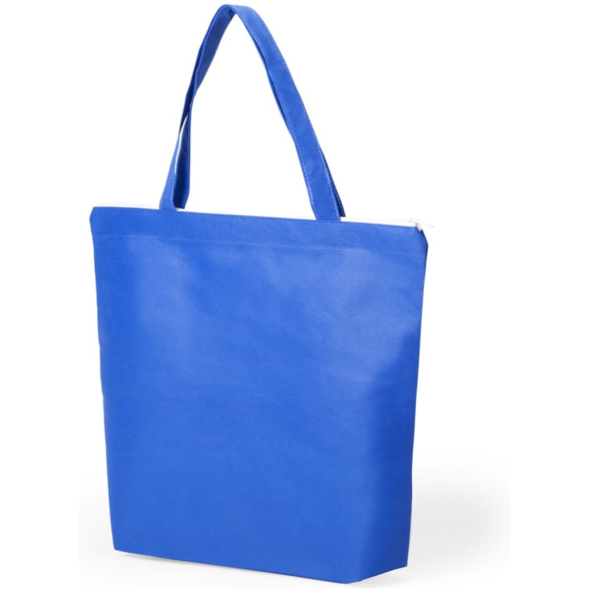 A blue tote bag with handles and a zip closure, featuring a simple design and no visible branding.