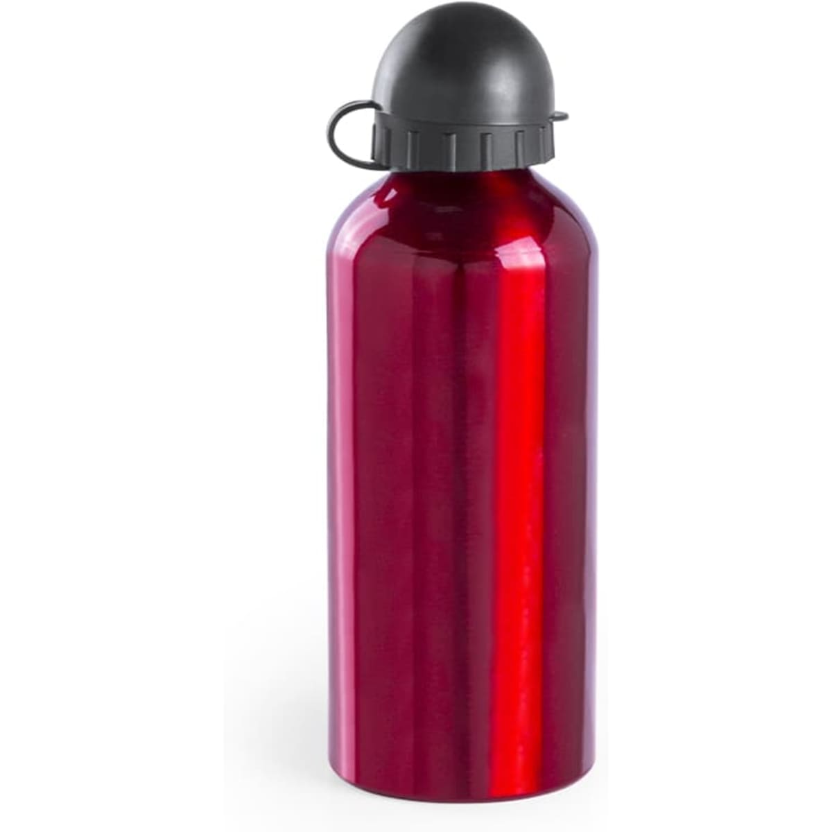 A drink bottle in a vibrant red finish with a black screw-on cap and a loop for attachment.