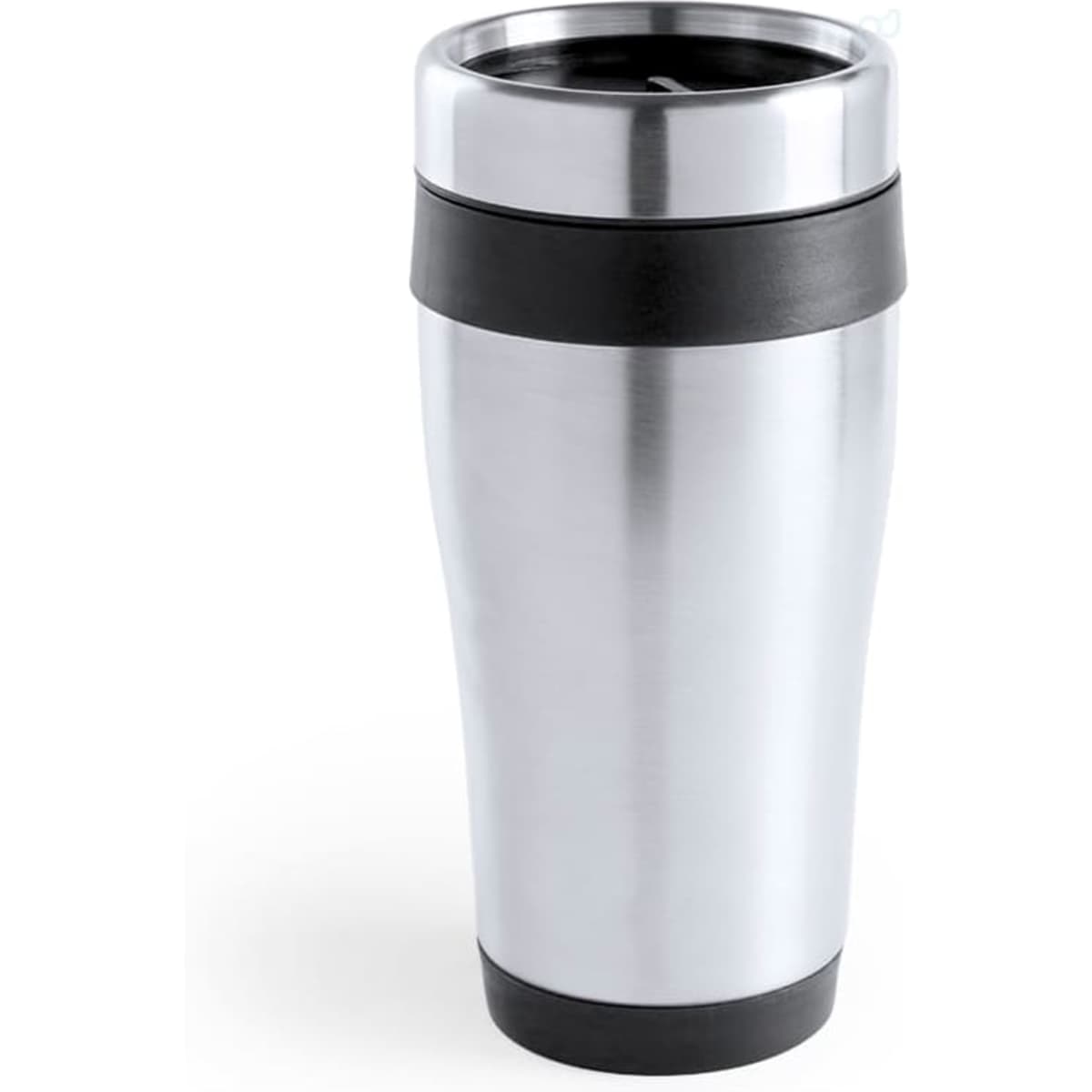 A travel mug in silver and black with a sleek, insulated design and a lid. It features a branding logo.