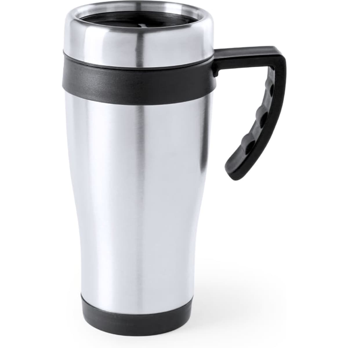 A stainless steel travel mug with a black handle and lid, designed for insulation and portability.