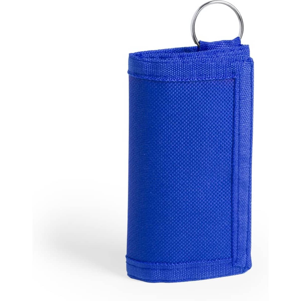 A blue keyring wallet with a metal ring attachment. It features a textured fabric design.