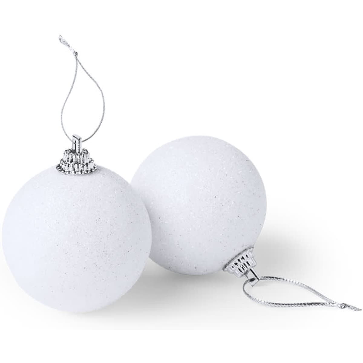 Two white Christmas baubles with silver hanging loops and glittery accents.