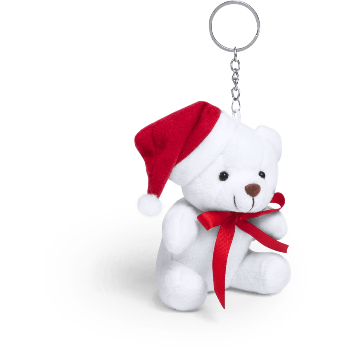 A white teddy bear keyring wearing a red Santa hat and red ribbon, attached to a metal chain.