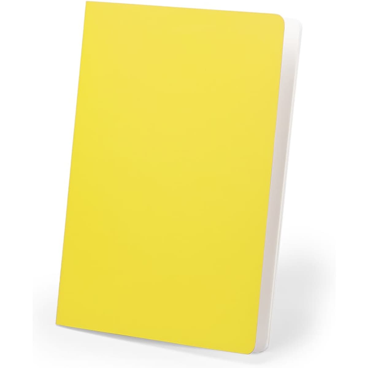 A yellow Dienel notebook with a plain cover and white interior pages, featuring a logo.