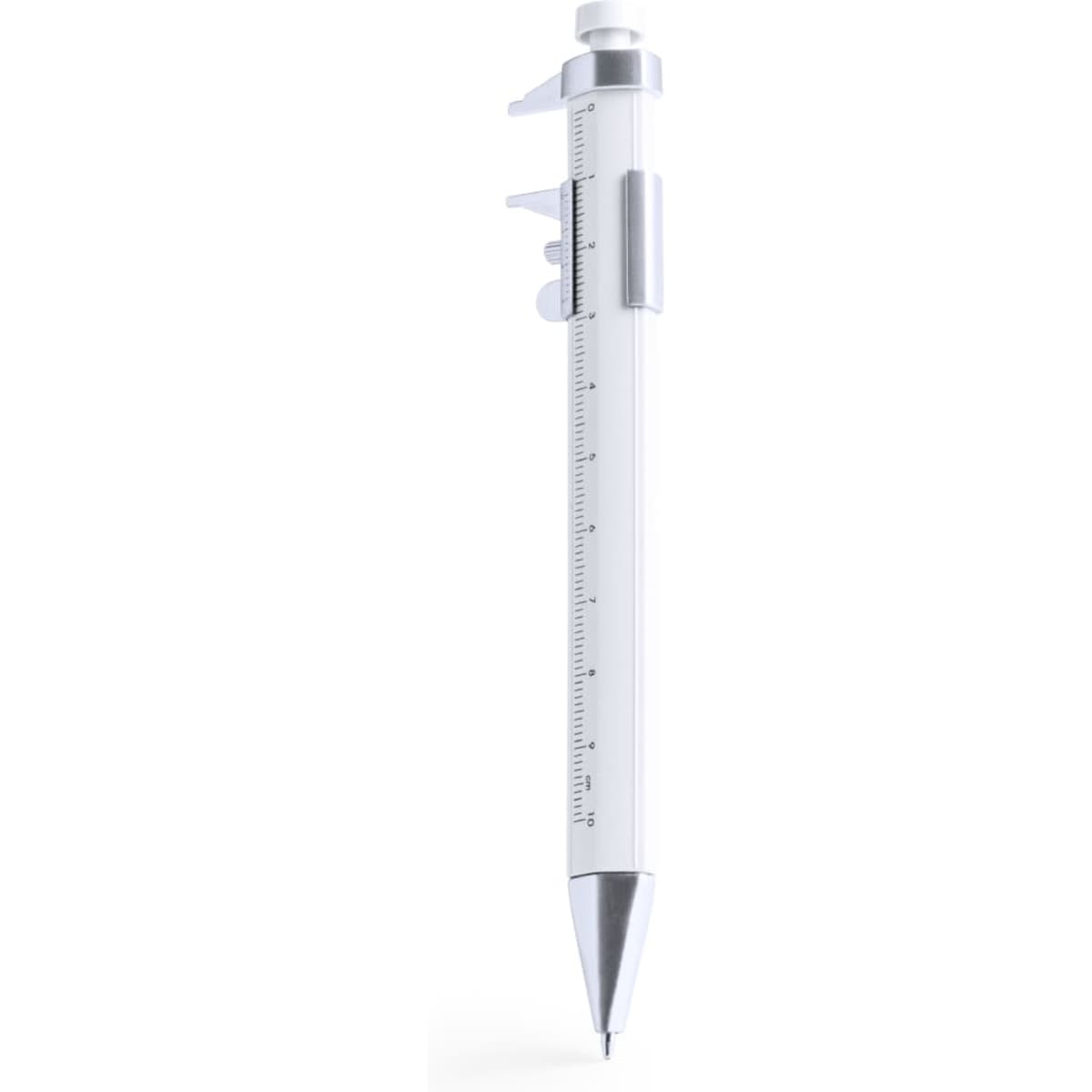 A white pen featuring a ruler on the side and a silver tip, with branding on the body.