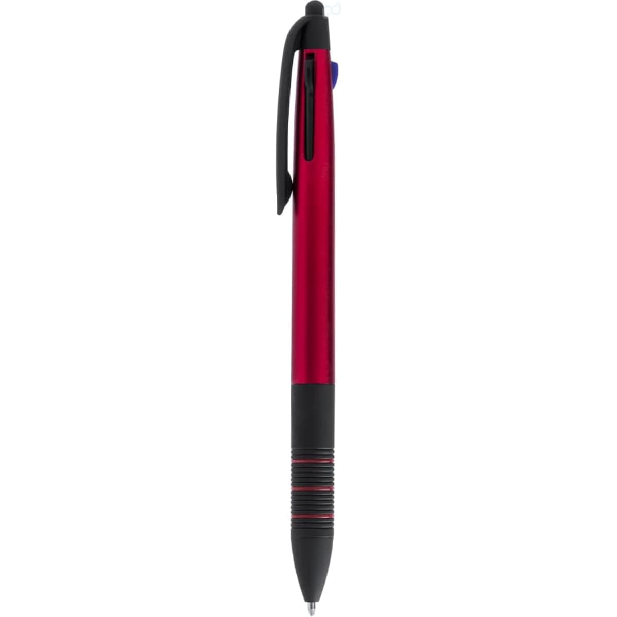 A red ballpoint pen with a black grip and clip, featuring a logo on the barrel.