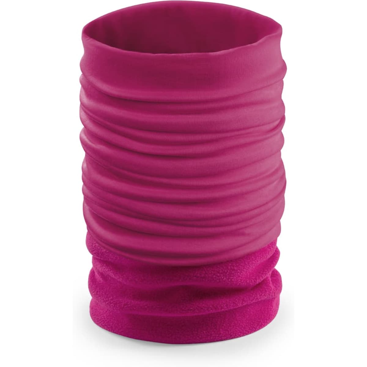 A pink scarf with a textured, gathered design, featuring a logo on the fabric.