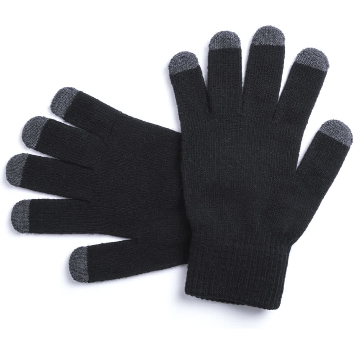 Black gloves with grey tips, featuring a knitted design. The gloves have a logo on them.