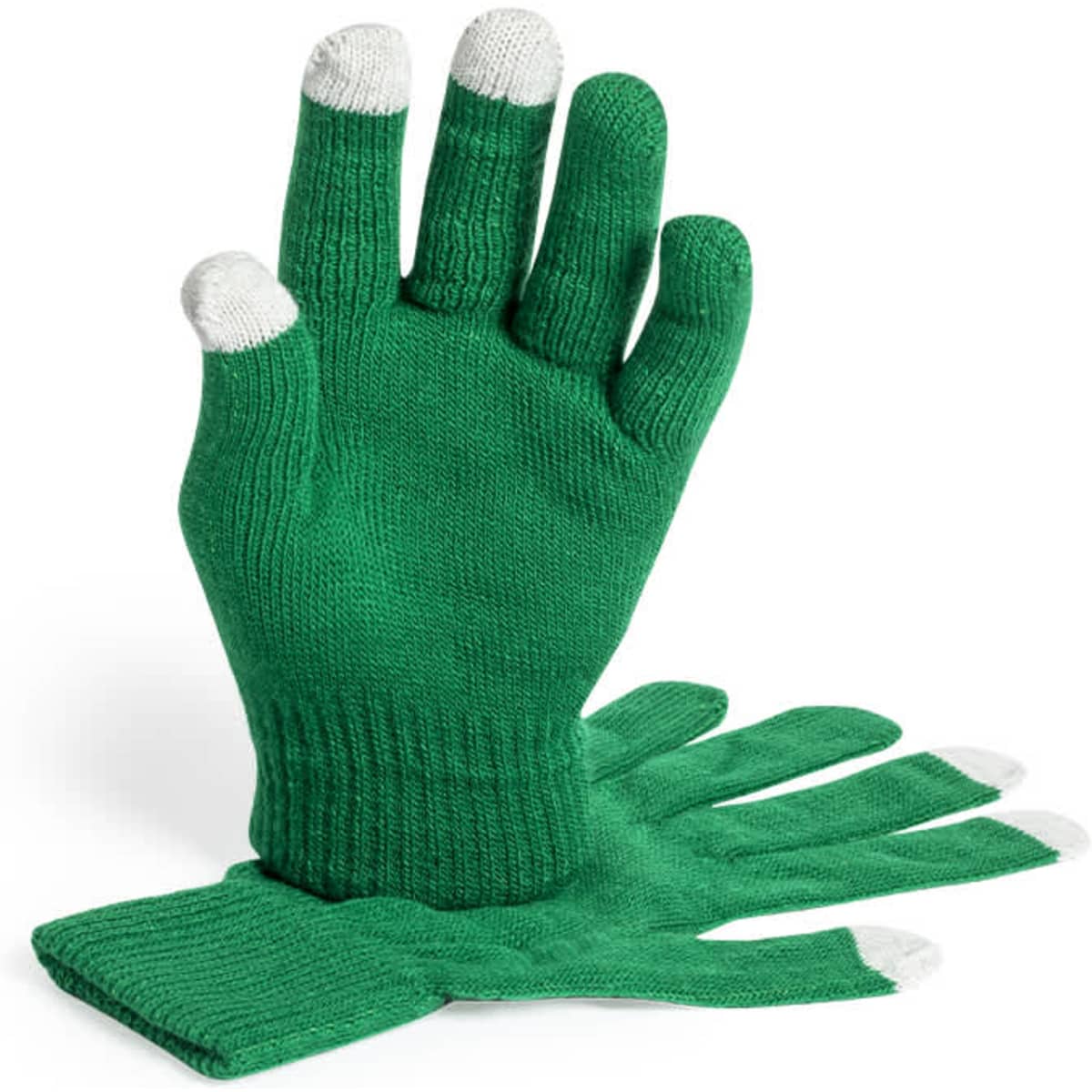 Green gloves with white tips on the fingers, featuring a textured knit design and a logo.