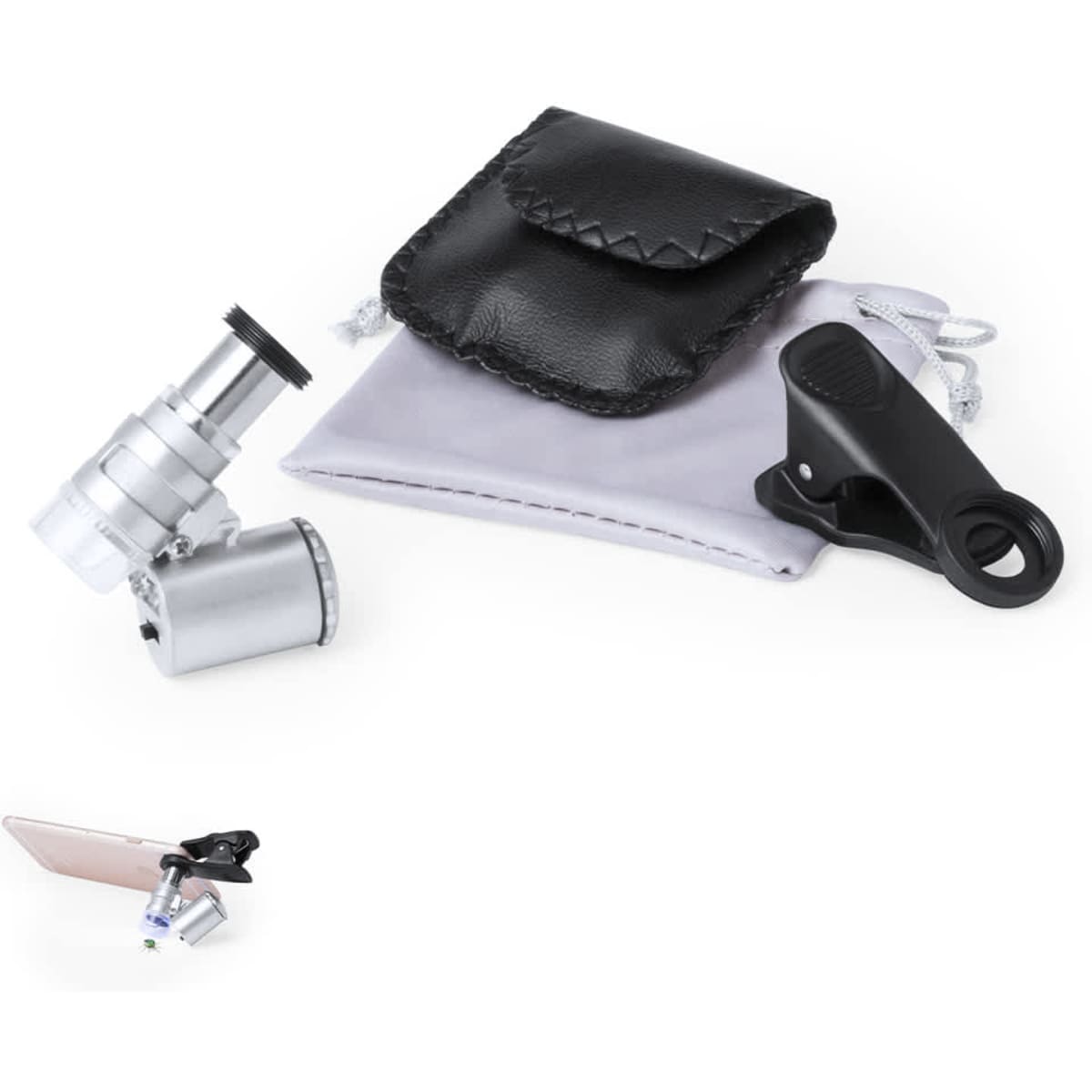 A silver lens attachment with a black clip and a pouch, including a grey storage bag.