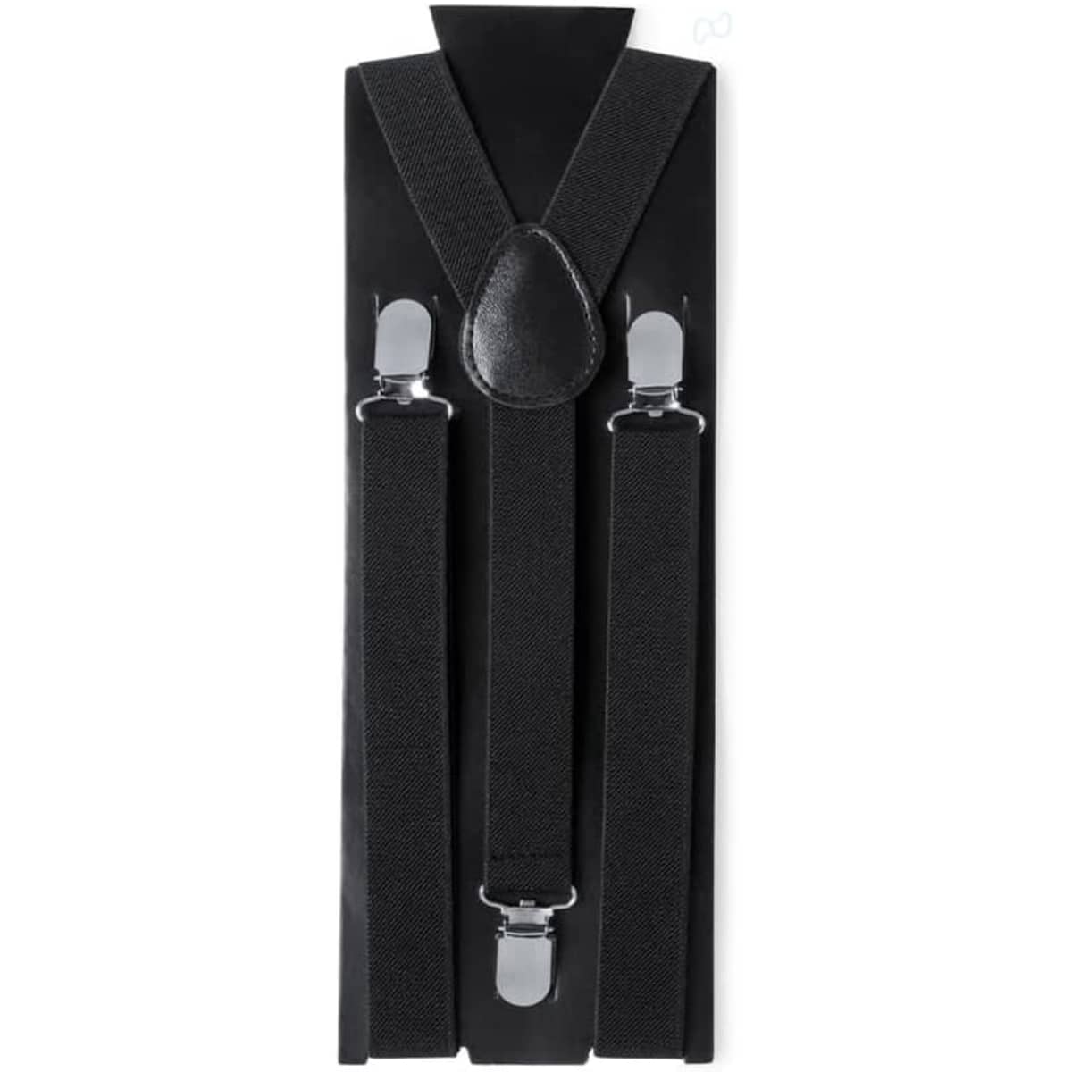 A black suspender set displayed on a black backing, featuring metal clips and an adjustable design.