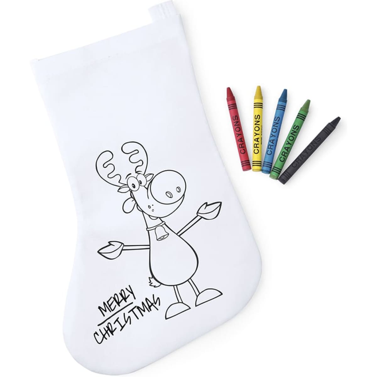 A white Christmas stocking featuring a cartoon moose illustration, accompanied by coloured crayons.