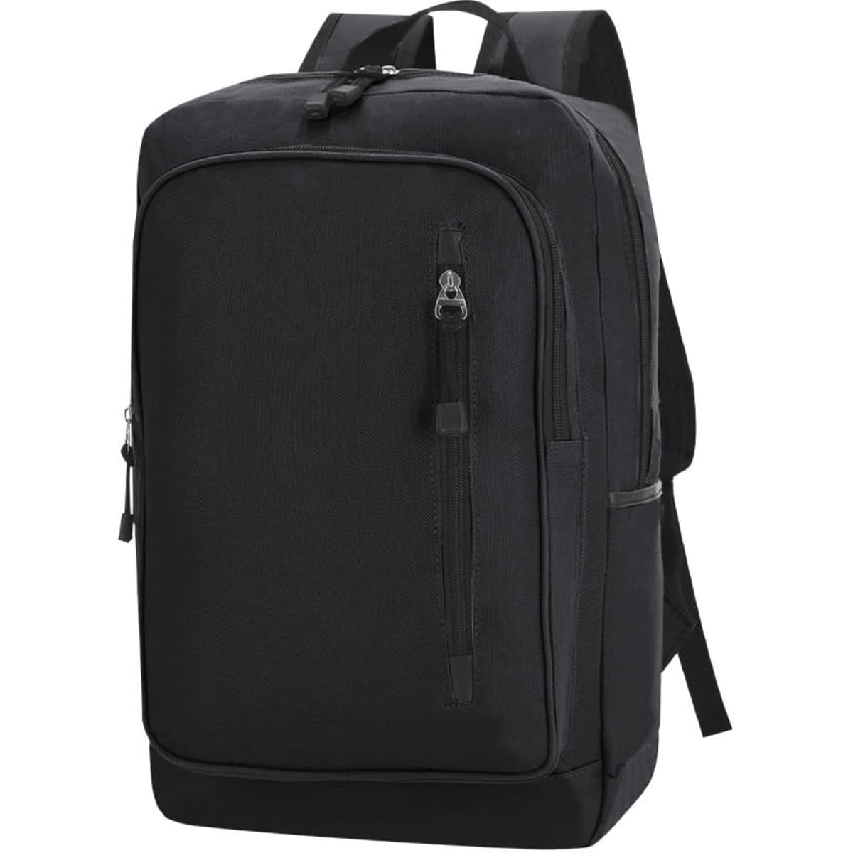 A black backpack with a streamlined design, featuring a front zip pocket and adjustable straps. It has a logo on it.