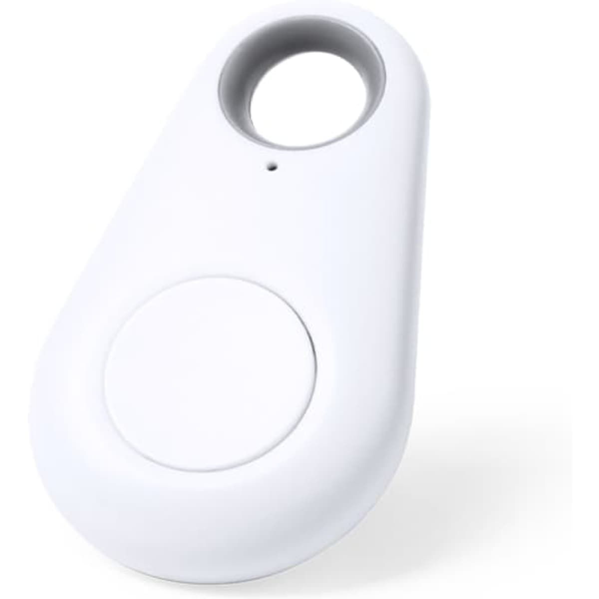 A white device with a circular button and a keyring hole, featuring a small light indicator.