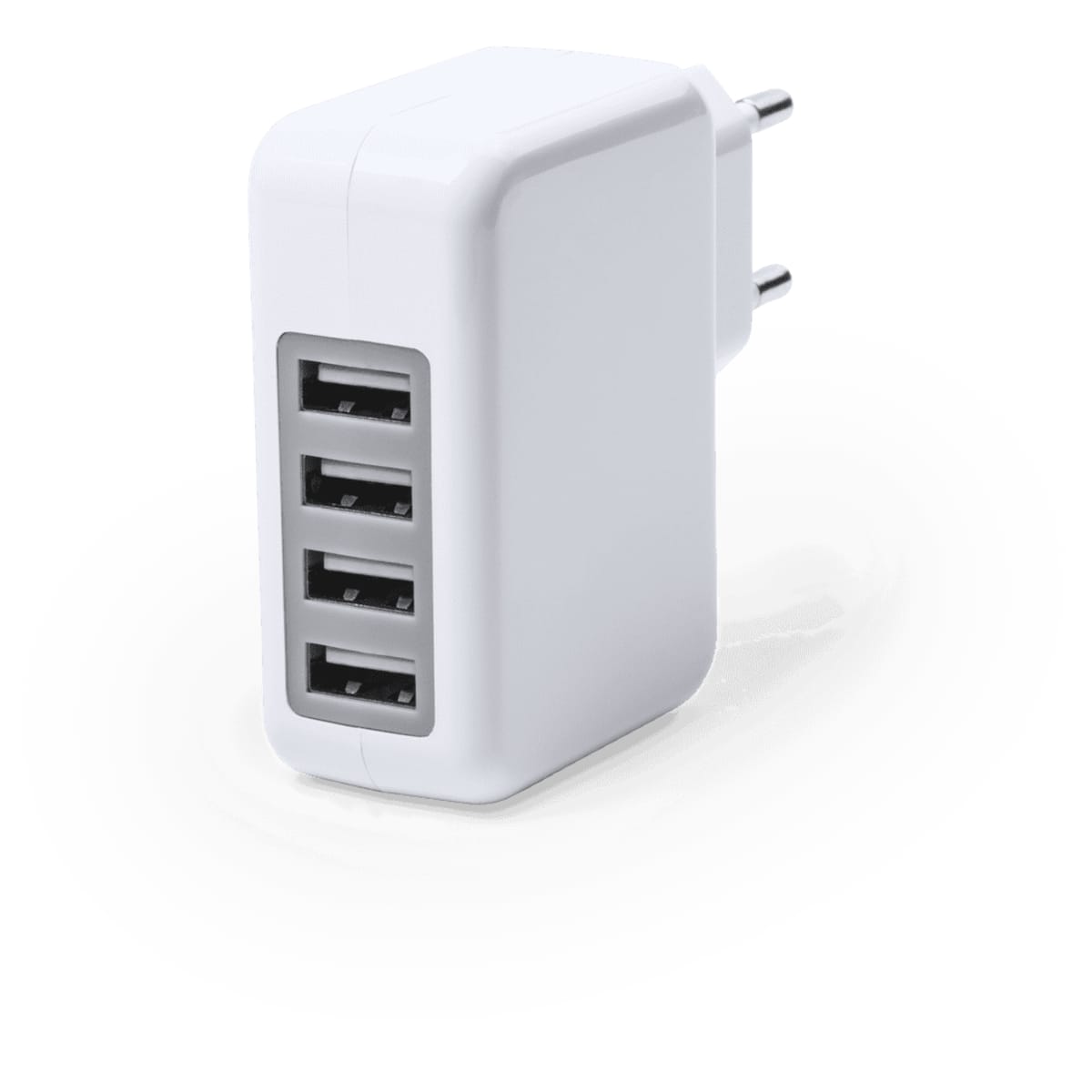 A white USB charger with four ports, featuring a compact design and an integrated plug.