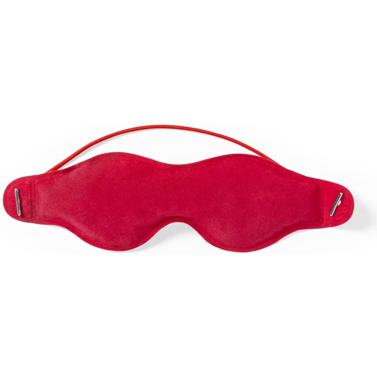 A red sleep mask with a curved shape and adjustable straps for comfort. It features a smooth surface and a logo.