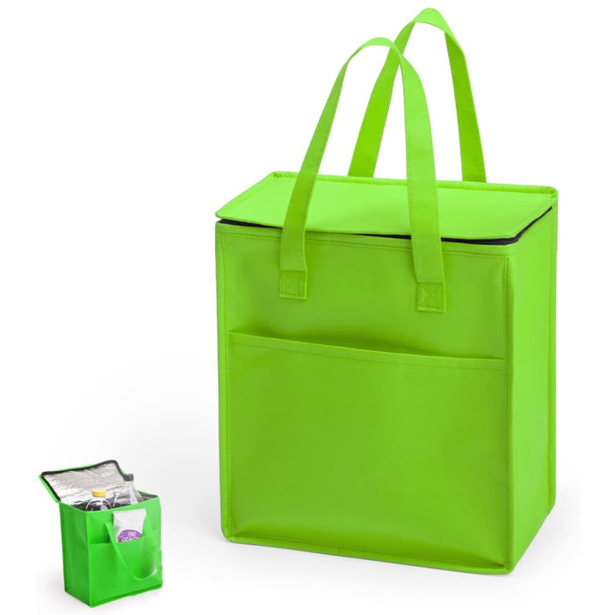A bright green cooler bag with dual handles, featuring a front pocket, alongside a smaller matching bag.