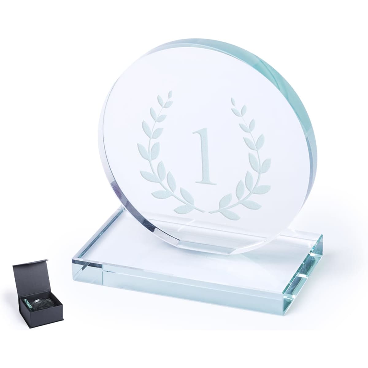 A clear glass trophy featuring a circular design with a laurel wreath and the number "1", placed on a rectangular base.