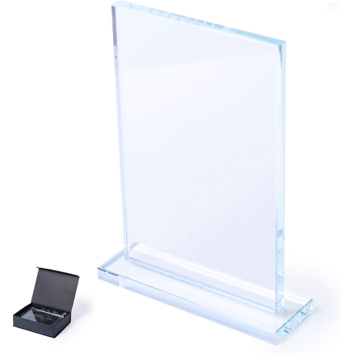 A clear acrylic award trophy displayed on a solid base, accompanied by a black presentation box.