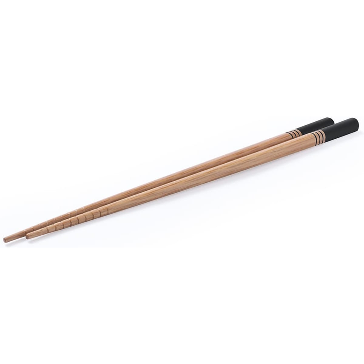 A pair of bamboo chopsticks with black tips and decorative bands, designed for dining.
