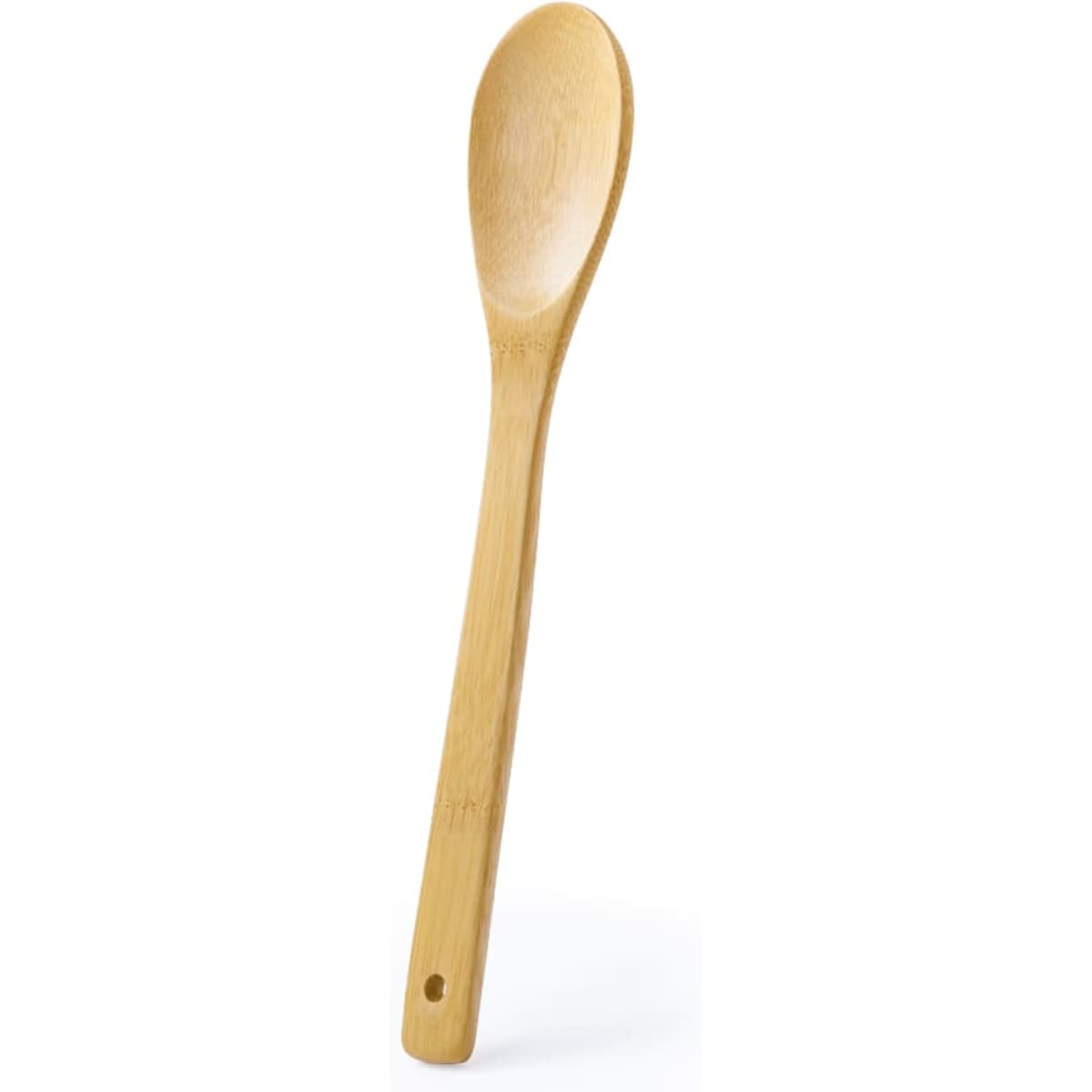 A bamboo cooking spoon with a long handle and a rounded spoon head, featuring a hole for easy hanging.