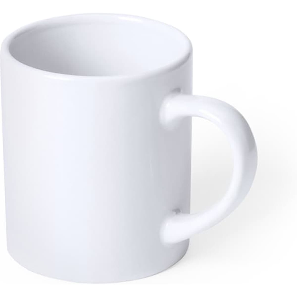A white coffee mug with a smooth surface and a curved handle, featuring a blank design.