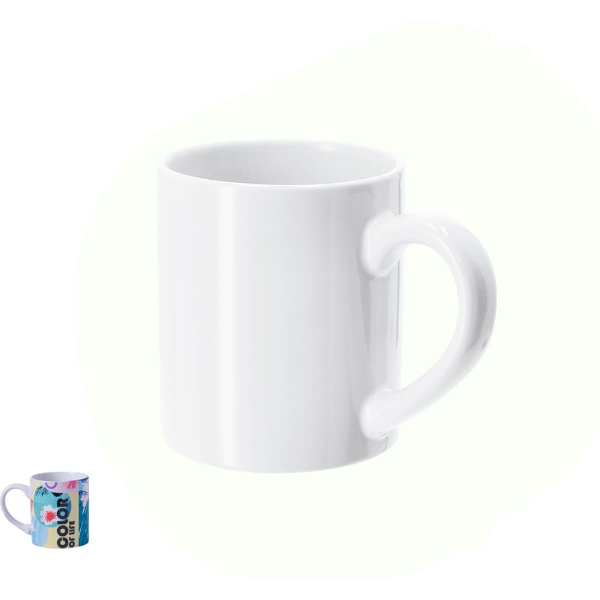 A white coffee mug with a smooth finish, featuring a handle and a logo on one side.