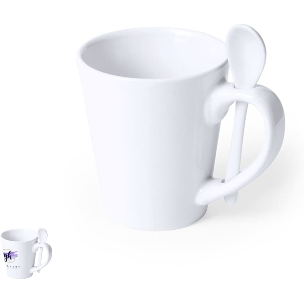 A white coffee mug with a curved handle featuring a built-in spoon. It has a simple, clean design.
