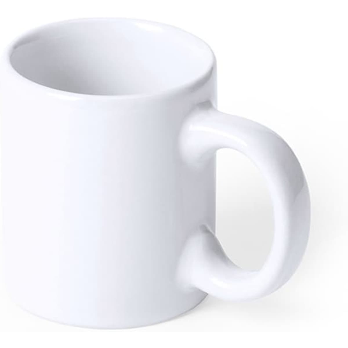 A white coffee mug with a classic handle and a simple design, featuring a branding logo.