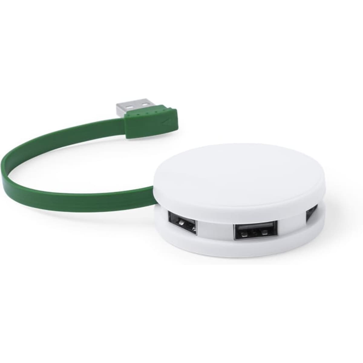 A white USB hub with a green cable, featuring multiple USB ports and a compact, circular design.