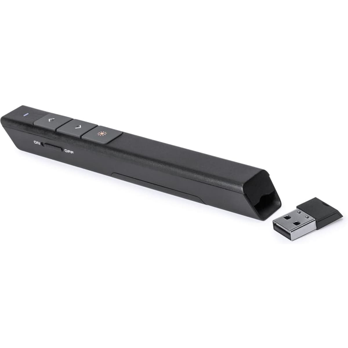 A black presentation remote with buttons and a USB receiver, designed for technology use.