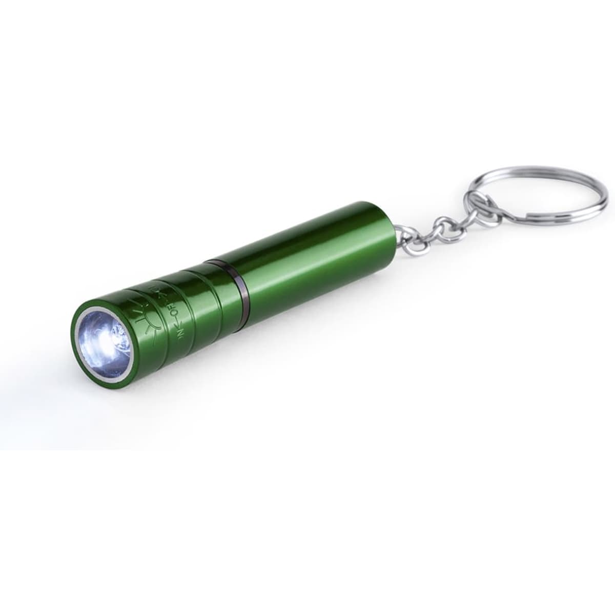 A green keyring torch with a silver keychain, featuring a cylindrical design and a bright white light.