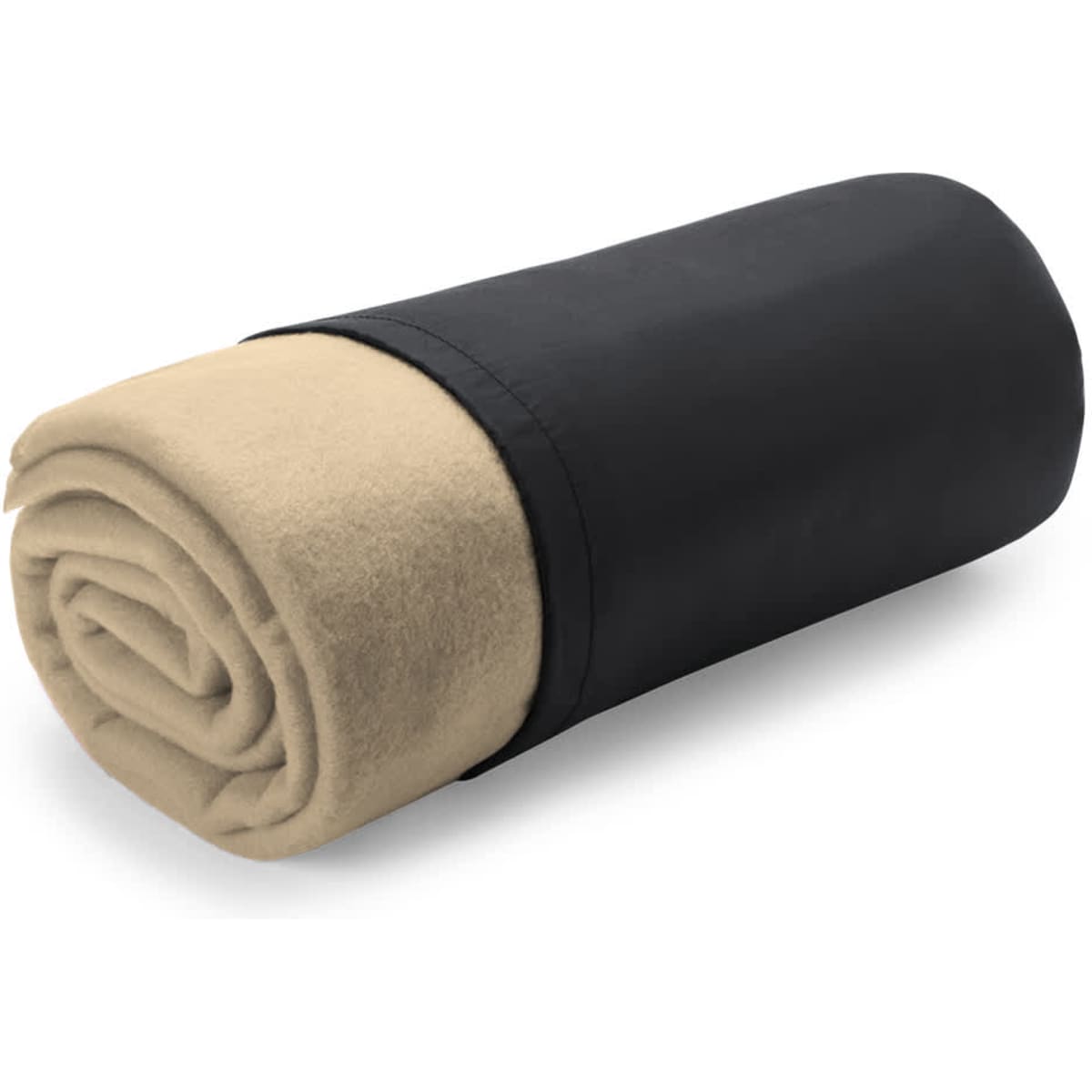 A rolled Thiago Blanket featuring a cream fleece top and a black outer cover, complete with a logo.