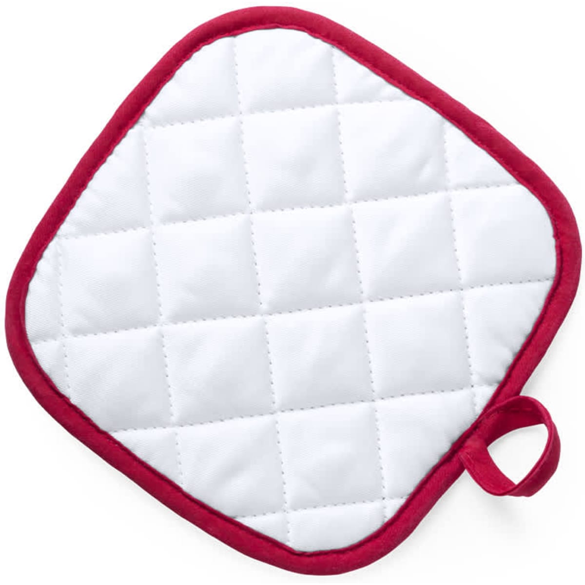 A quilted pot holder featuring a white surface and red trim, with a hanging loop for easy storage.
