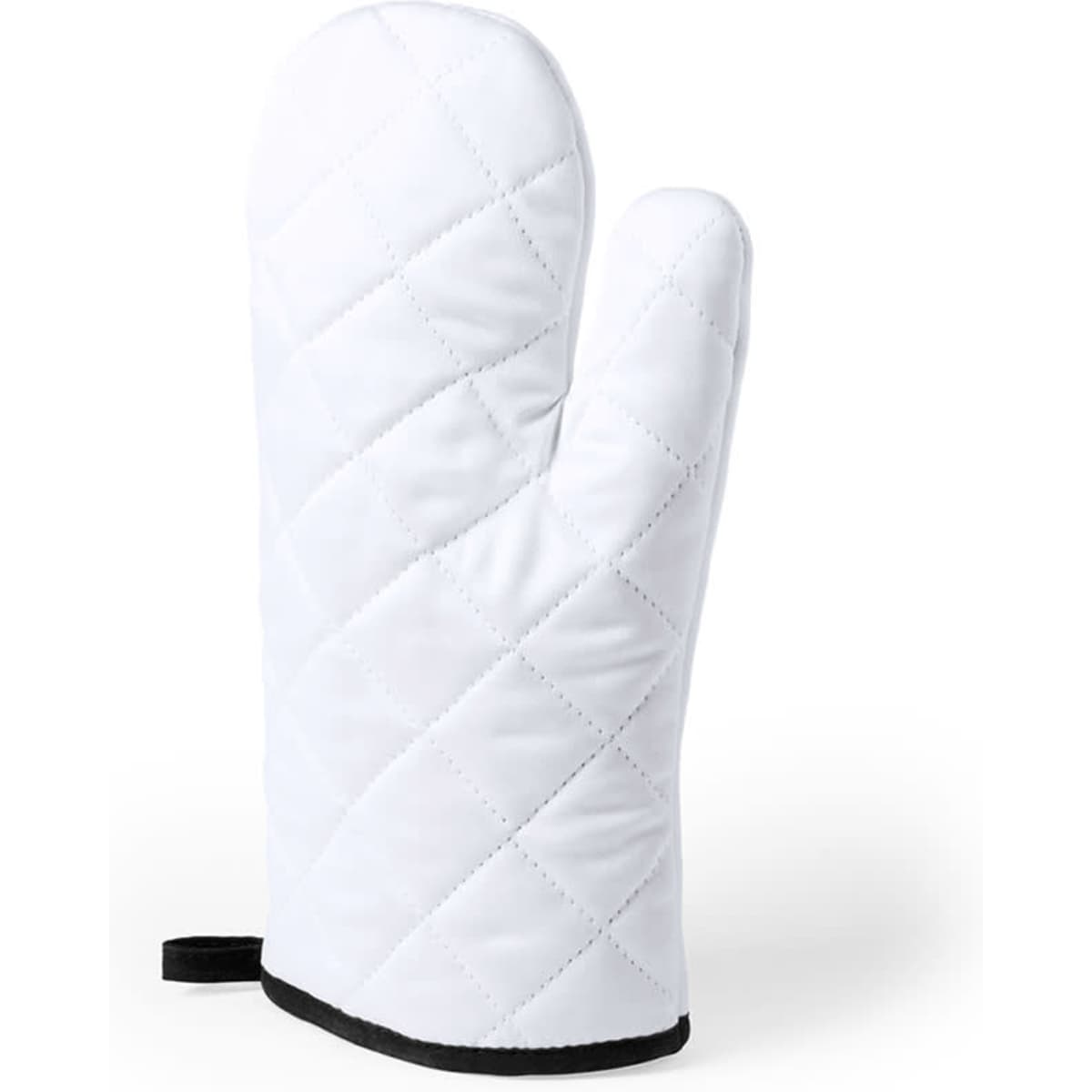 A white quilted kitchen mitten with a black trim and a hanging loop. It has a logo on the surface.