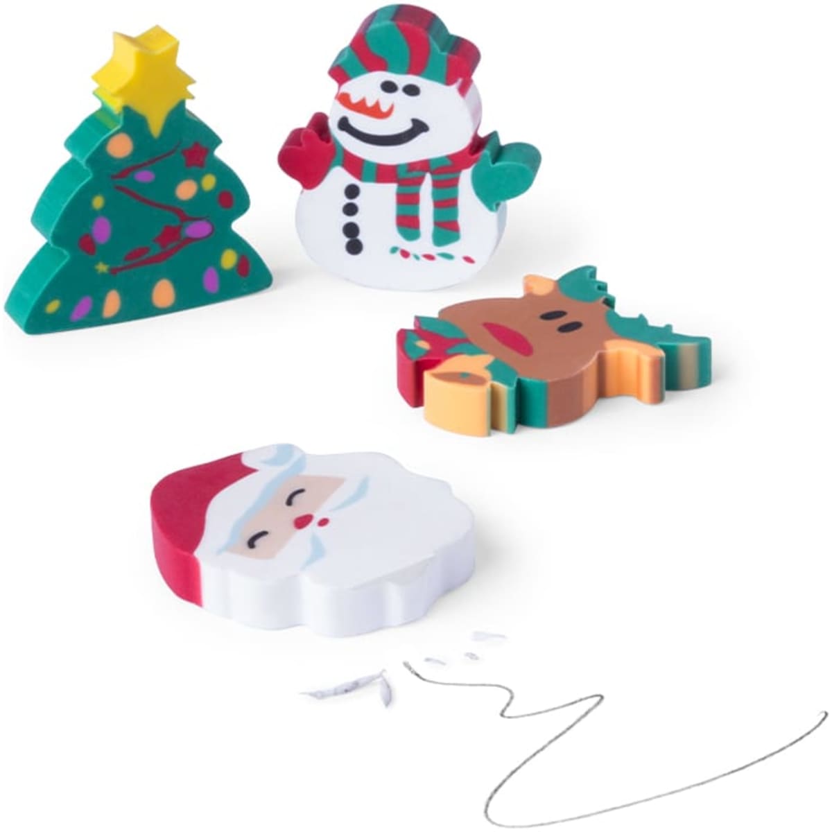 A set of four themed erasers in festive shapes: a Christmas tree, snowman, reindeer, and Santa Claus, in vibrant colours.