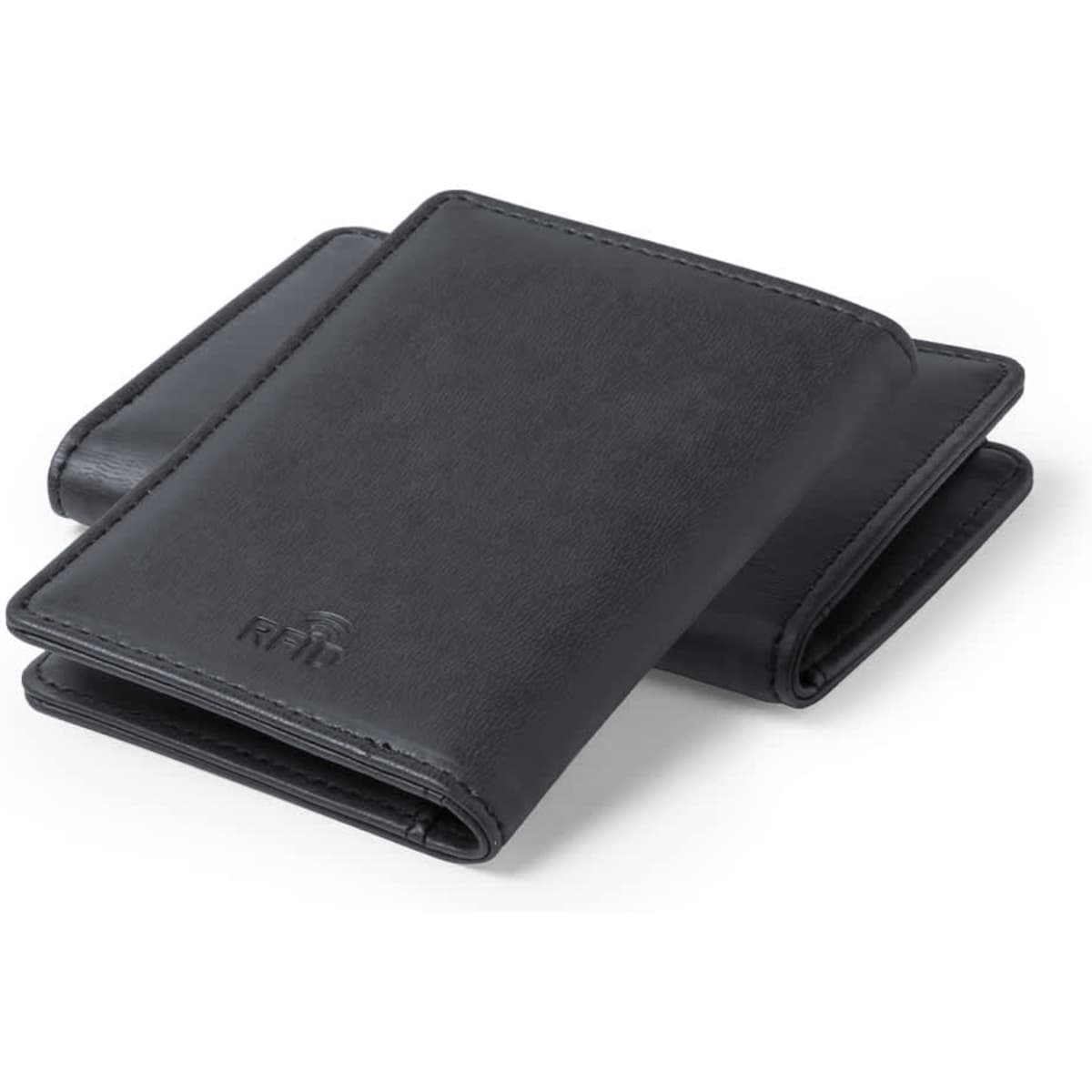 A black business card holder with a sleek design, featuring an embossed logo.