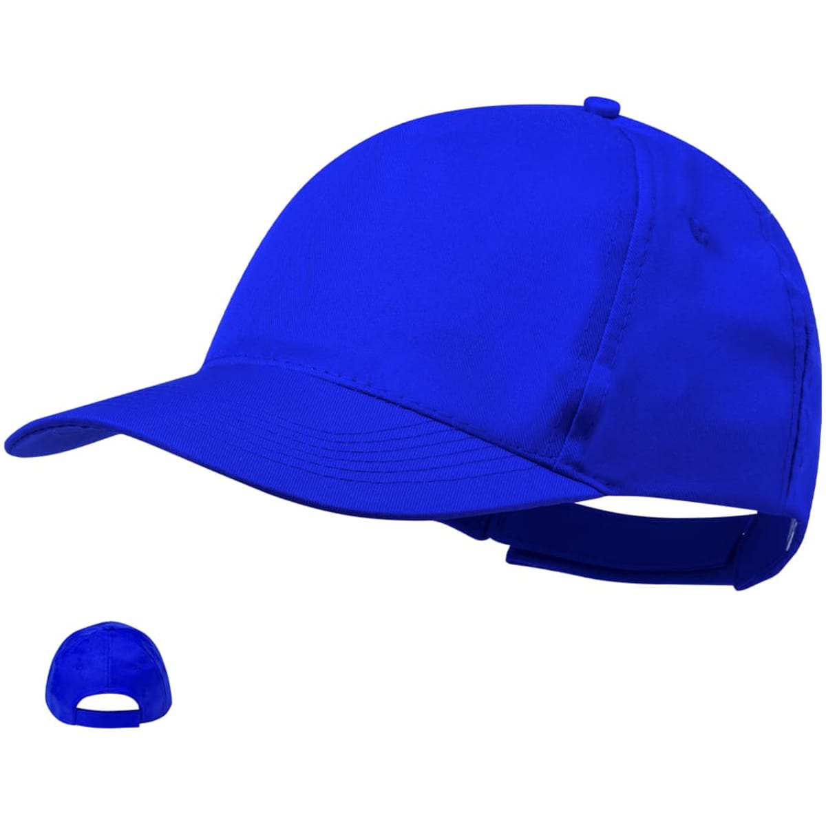 A blue cap featuring a curved brim and adjustable strap, with a logo on the front.