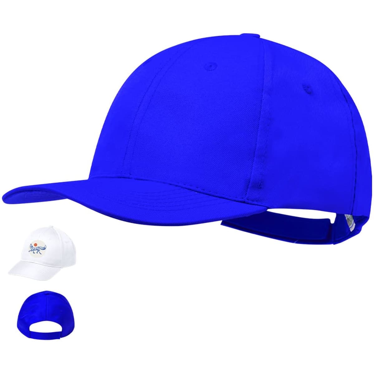 A blue cap with a curved brim and a strap at the back, featuring a smaller white cap below it.