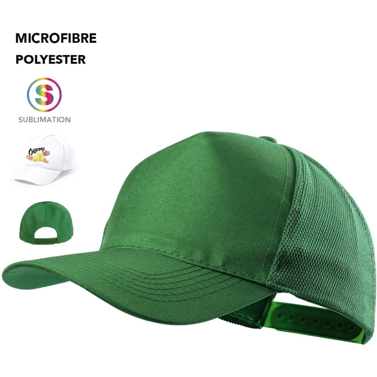 A green cap made of microfibre polyester, featuring a structured front and a logo on the side.