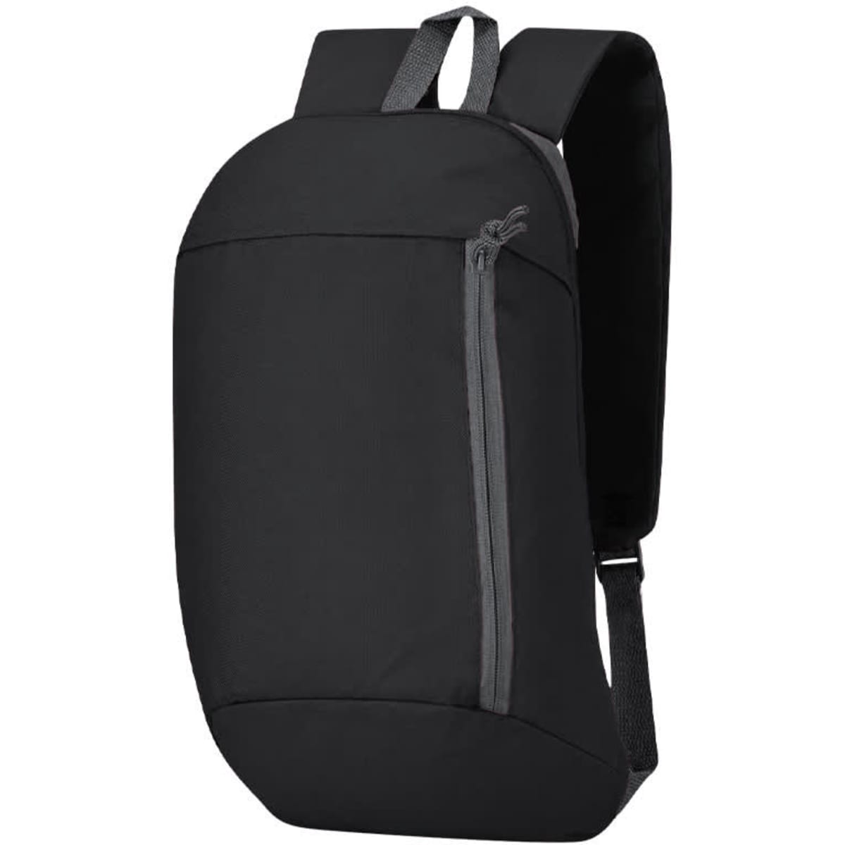 A black backpack featuring a front zip pocket and padded shoulder straps. Includes branding on the design.