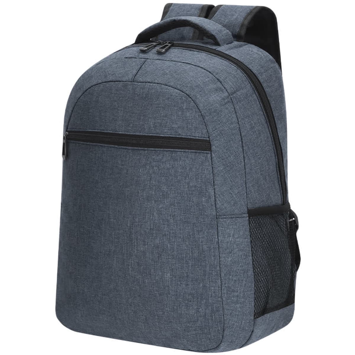 A grey backpack featuring a zippered main compartment and a side mesh pocket, with a logo on the front.