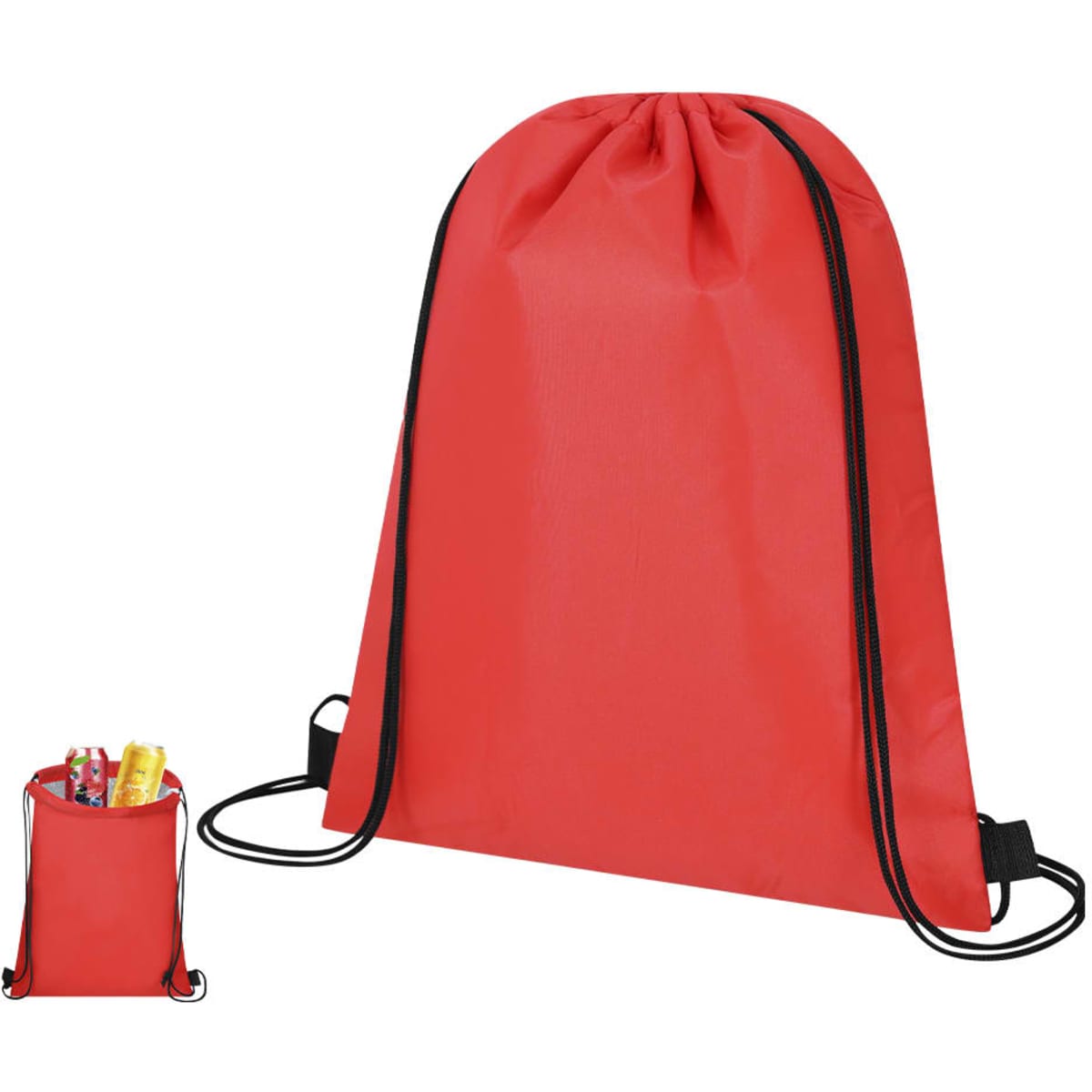 A red drawstring cooler bag featuring black straps with a compact version alongside. Suitable for carrying drinks and snacks.