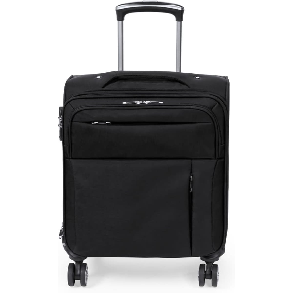 A wheeled bag in black with a retractable handle and multiple zippered compartments. It features a branding logo.