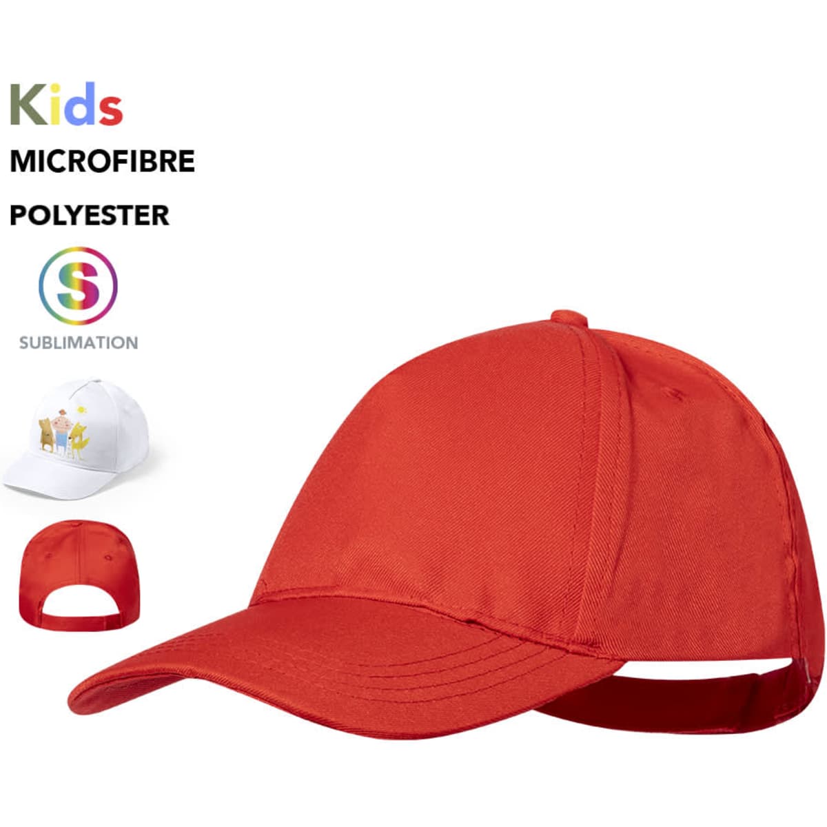 A bright red kids' cap made of microfibre and polyester, featuring a logo and a curved brim.
