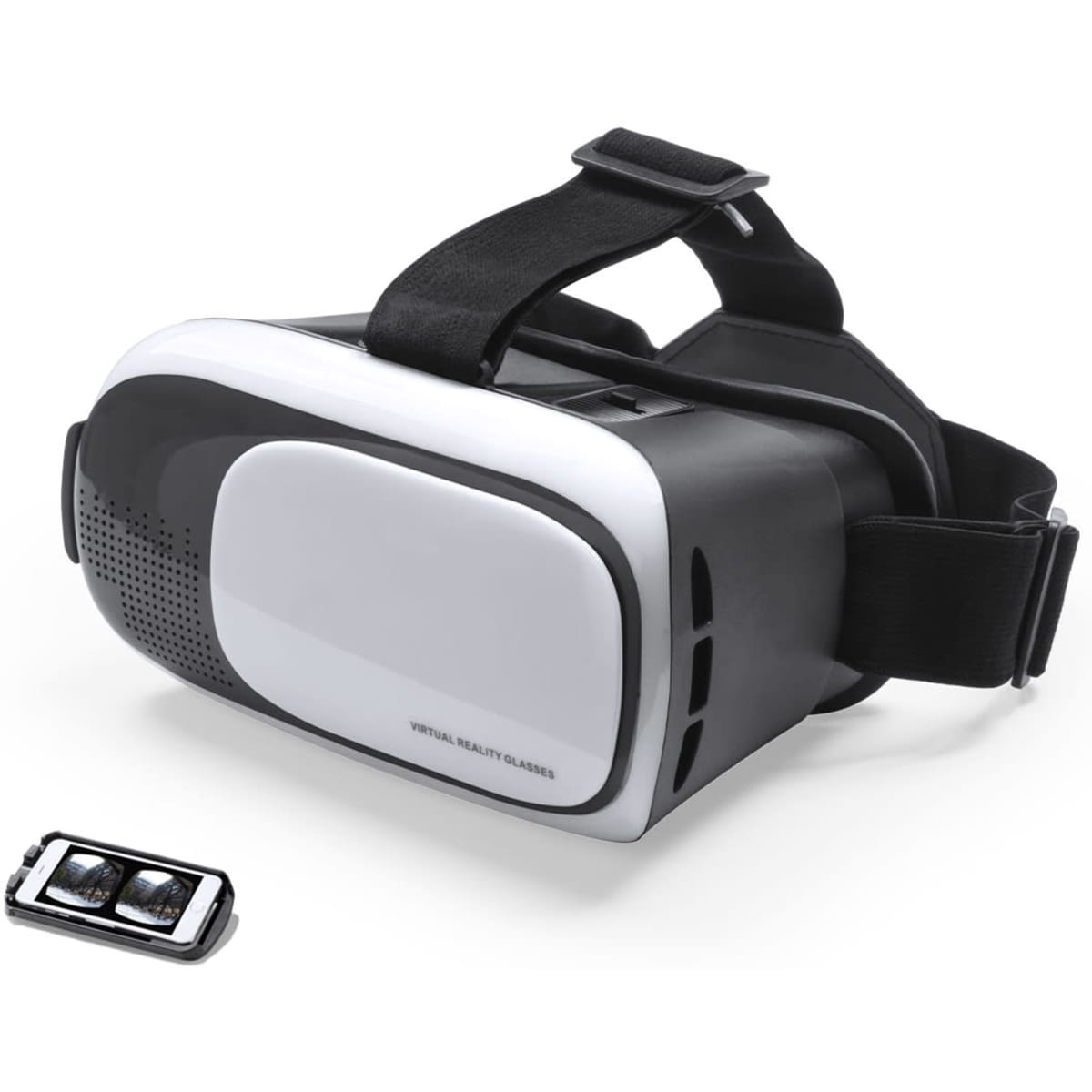 A virtual reality headset in black and white, accompanied by a smartphone, featuring adjustable straps.